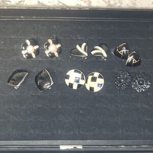 Vintage Clip On Earring Lot Monet Black Cream Enamel Pearl Geometric Retro
